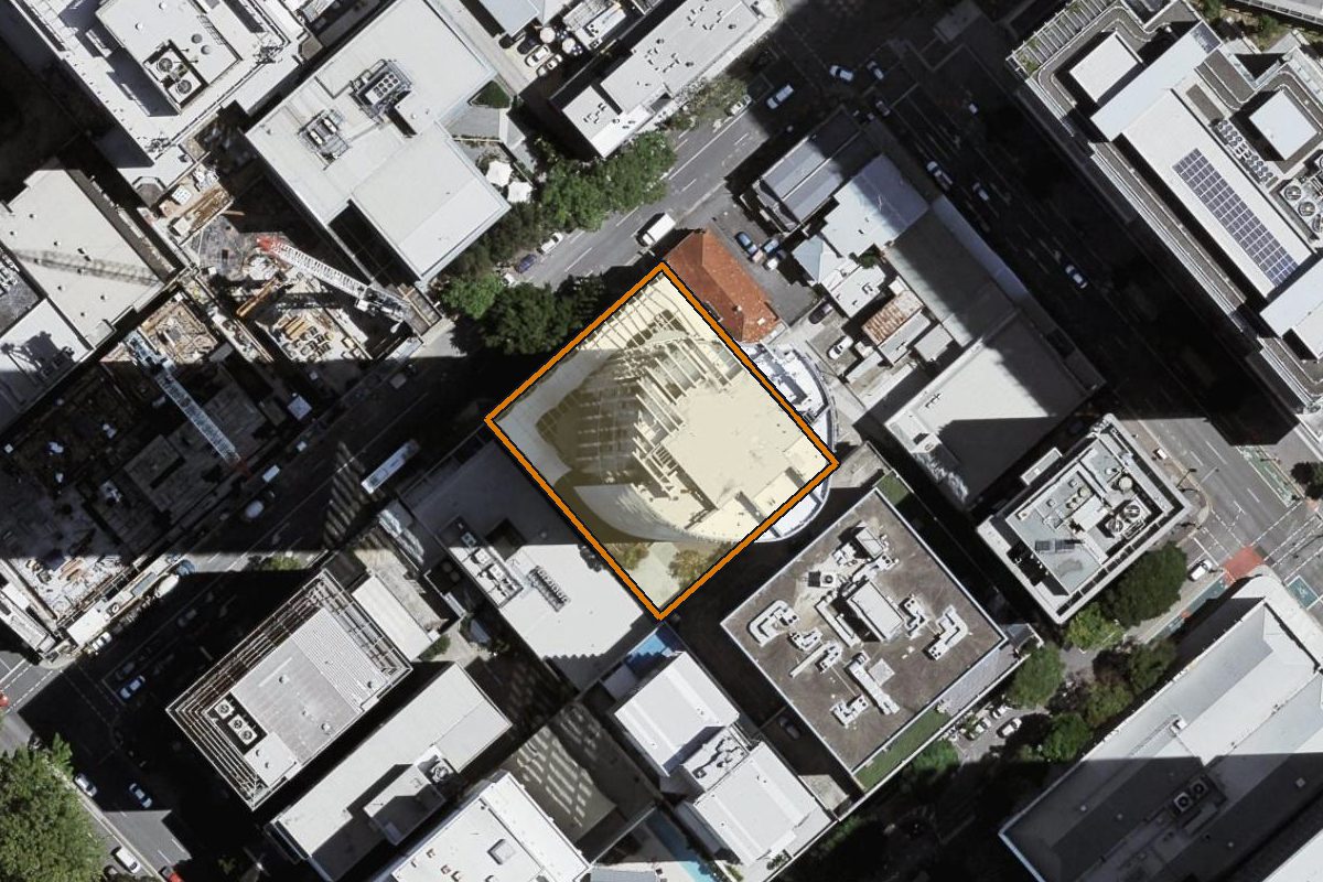 Aerial photo of 5501/43 Herschel Street, Brisbane City QLD 4000 with the lot boundary outlined in amber