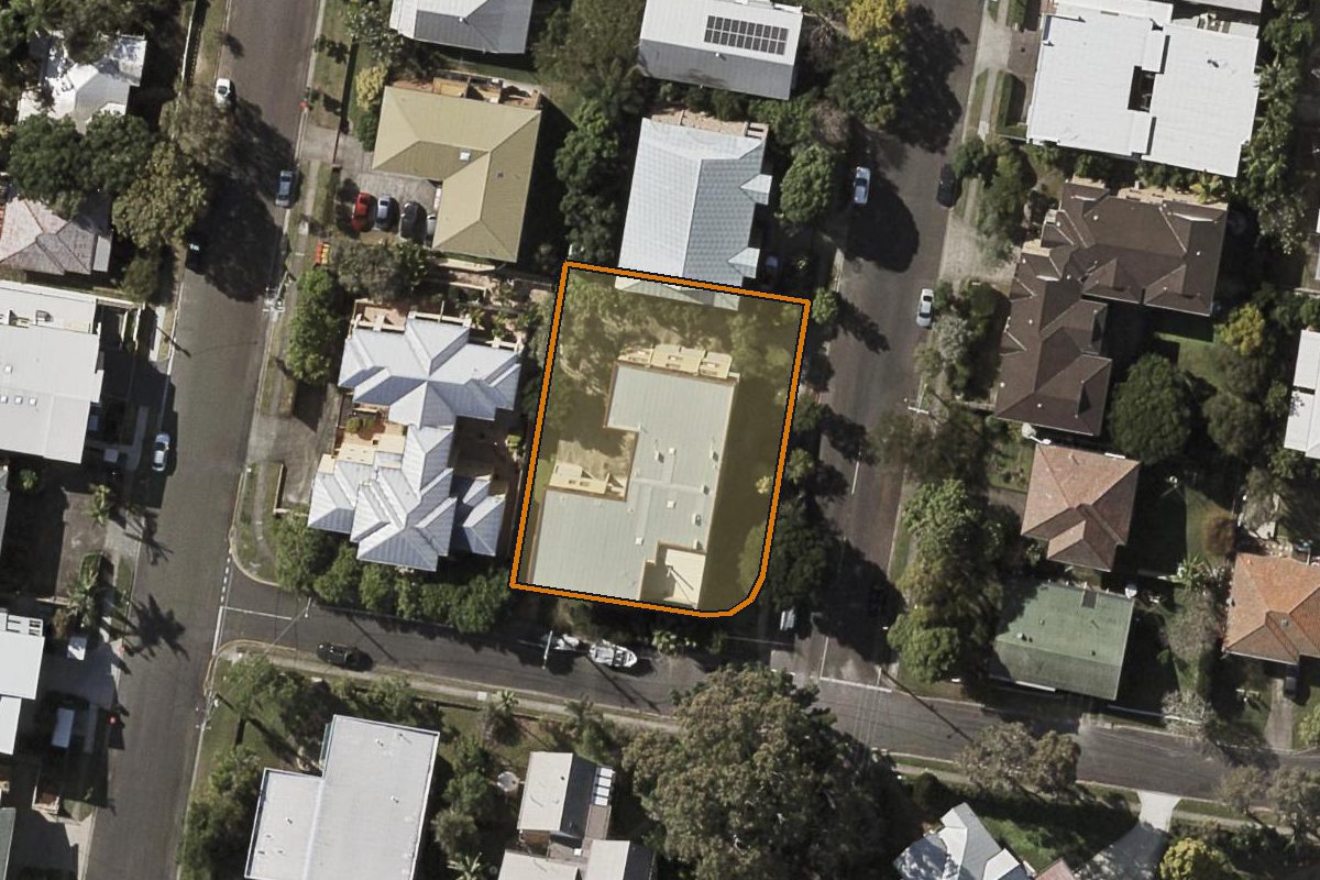 Aerial photo of 6/47 Toombul Terrace, Nundah QLD 4012 with the lot boundary outlined in amber