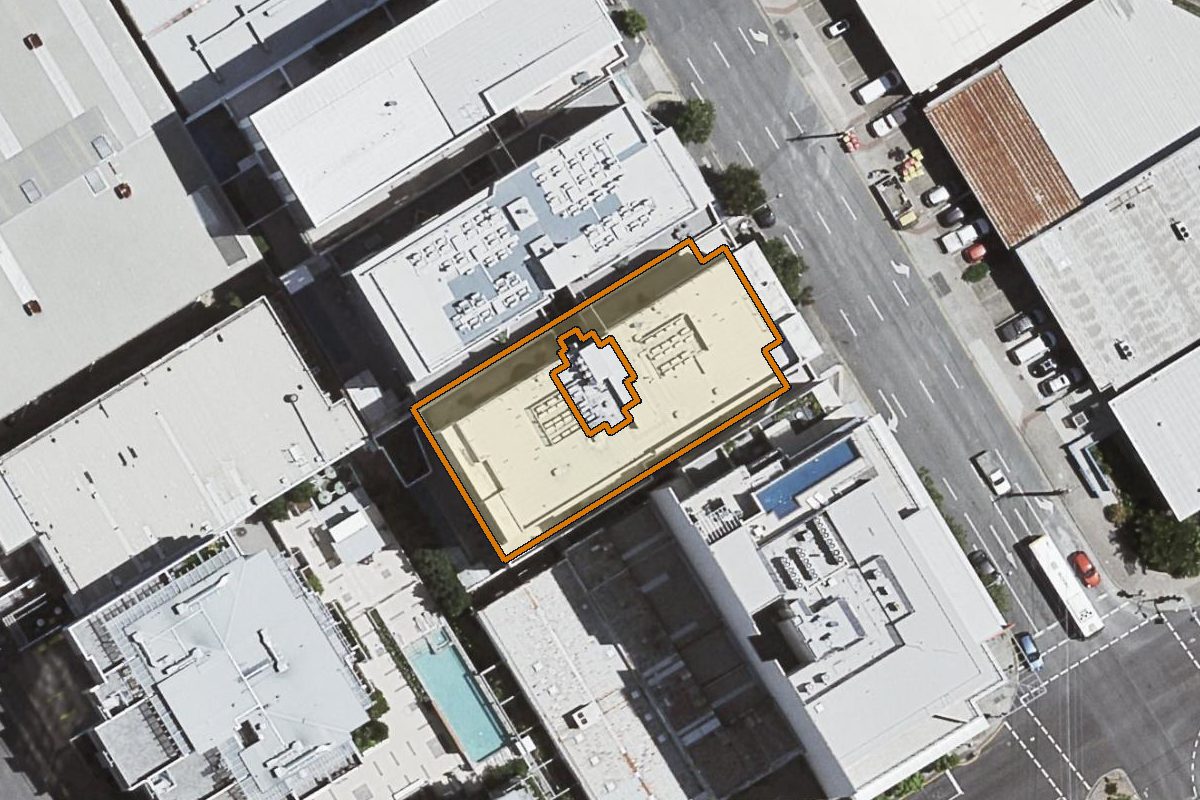 Aerial photo of 602/18 Merivale Street, South Brisbane QLD 4101 with the lot boundary outlined in amber