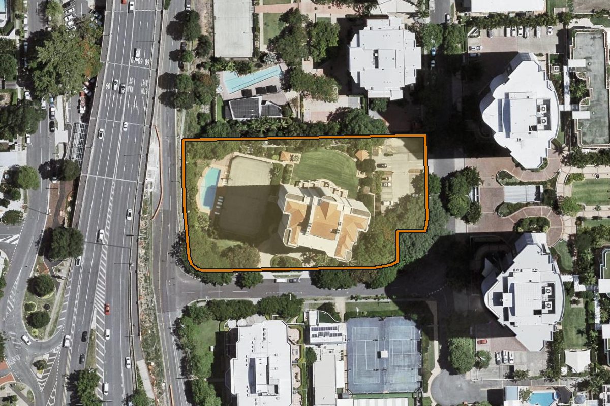 Aerial photo of 77/1 Goodwin Street, Kangaroo Point QLD 4169 with the lot boundary outlined in amber