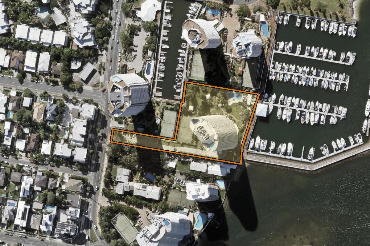 Aerial photo of 8/17 Bayview Street, Runaway Bay QLD 4216 with the lot boundary outlined in amber