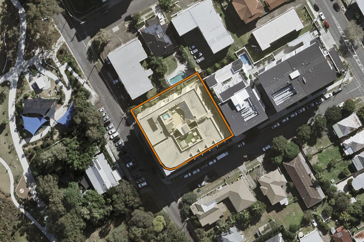 Aerial photo of 802/54 Lincoln Street, Stones Corner QLD 4120 with the lot boundary outlined in amber