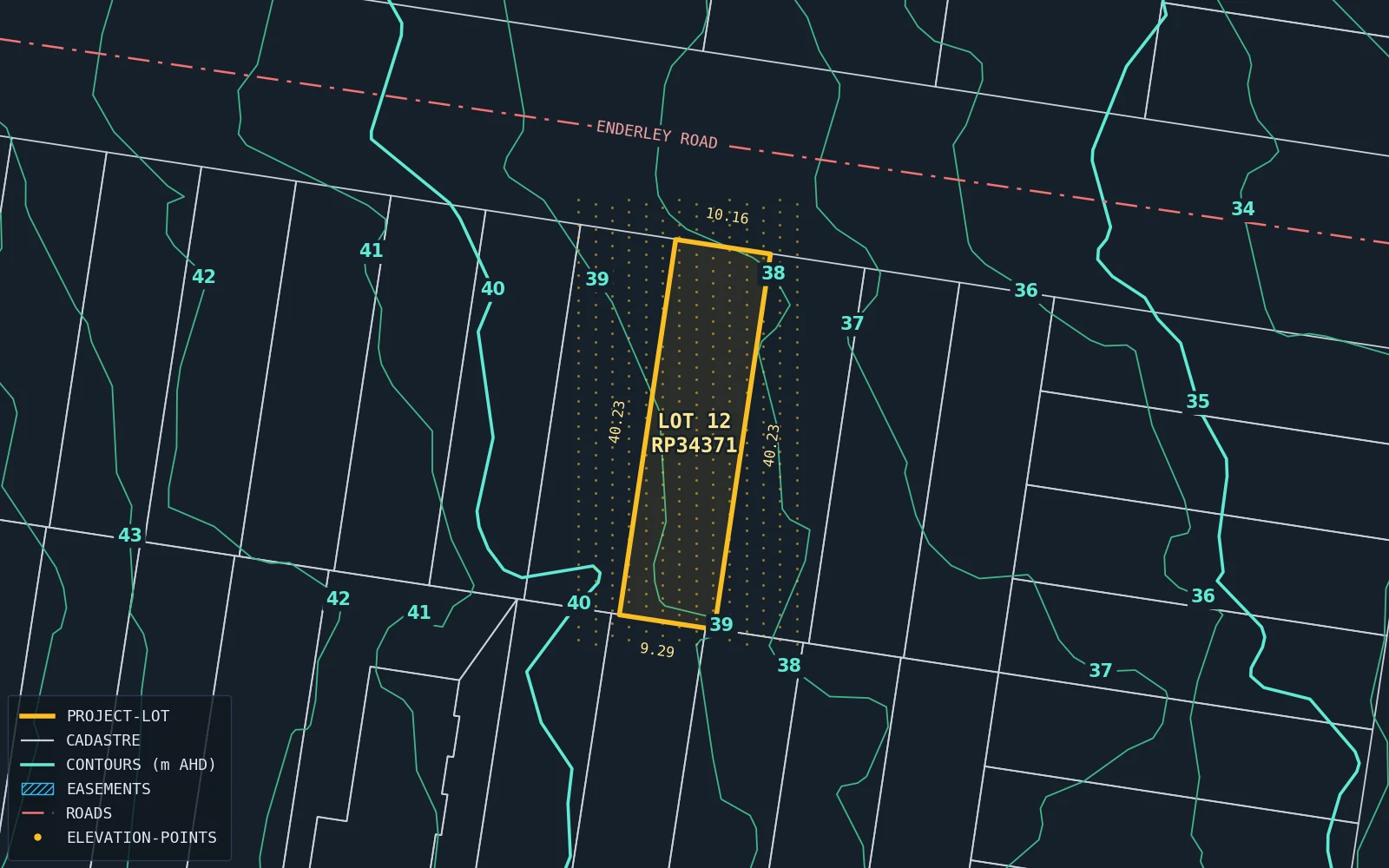 Sample cadastral export showing parcel boundaries, easements, roads and the selected project lot