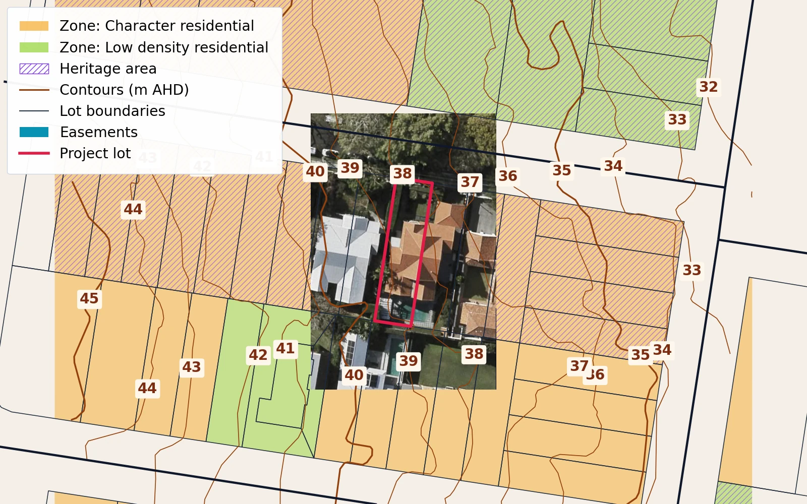 Sample GIS export showing planning, heritage, easement, cadastre and project lot layers