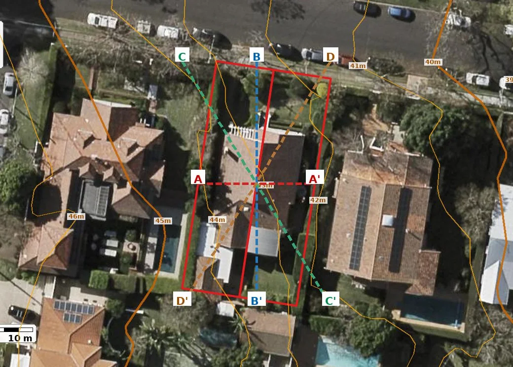 Contour map over aerial imagery with the property boundary in red, orange contour lines labelled in metres, and the four transect lines A to D drawn across the lot