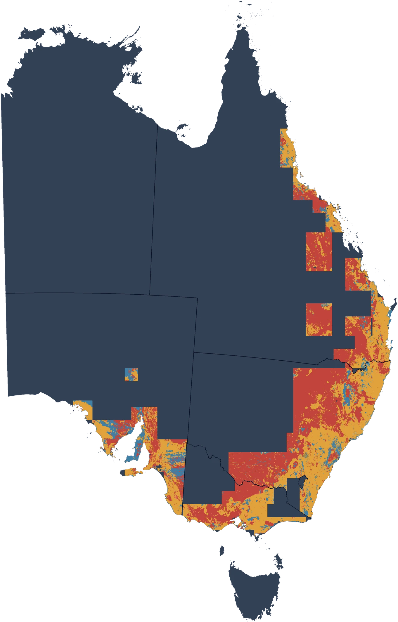 Map of eastern and southern Australia showing where LayeredGeo has mapped regional reactive-soil potential in Queensland, New South Wales, Victoria and South Australia, with the rest of the land shown as not yet mapped