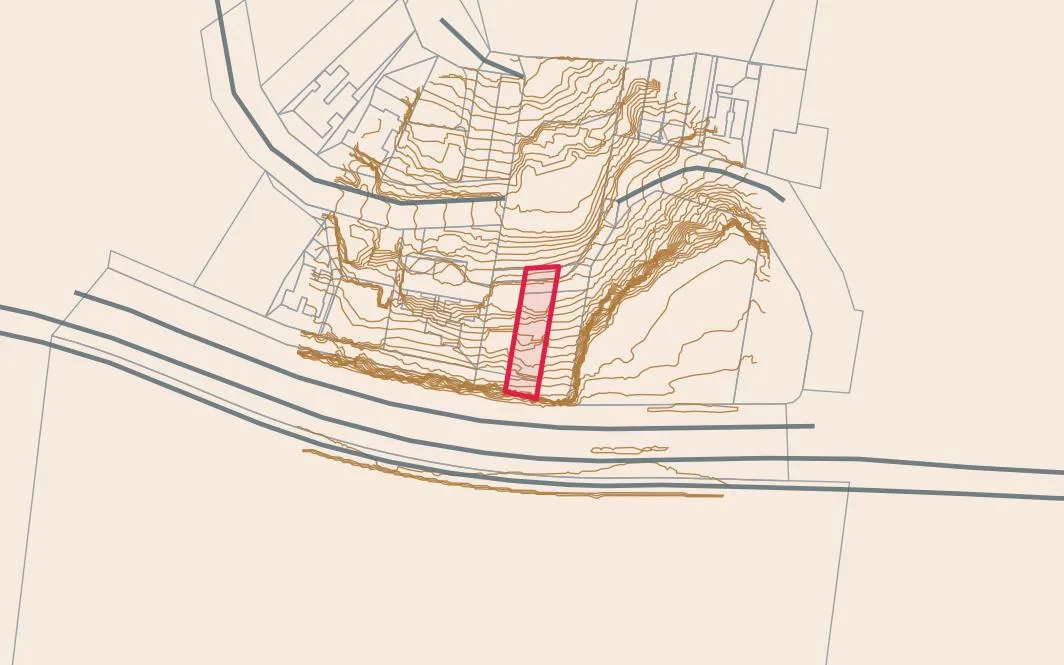 Sample LayeredGeo GIS export showing contours, cadastre, roads and the project lot as vector layers