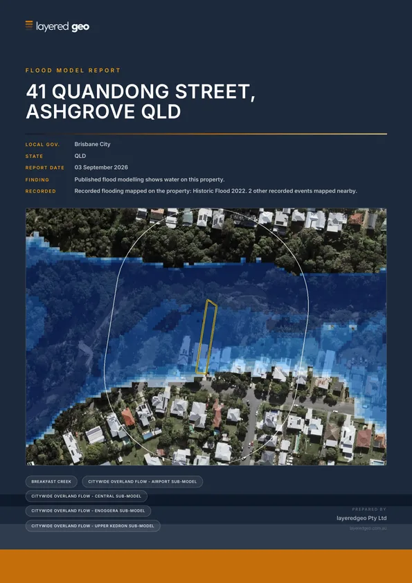 Flood Model Report cover page with the modelled flood extent over the property
