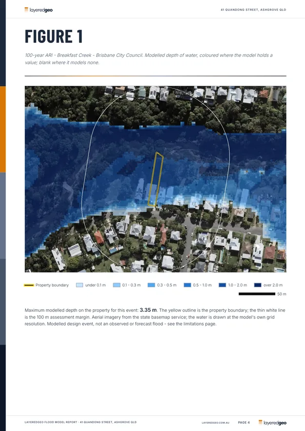 Full page map of the 100-year ARI modelled depth over the property
