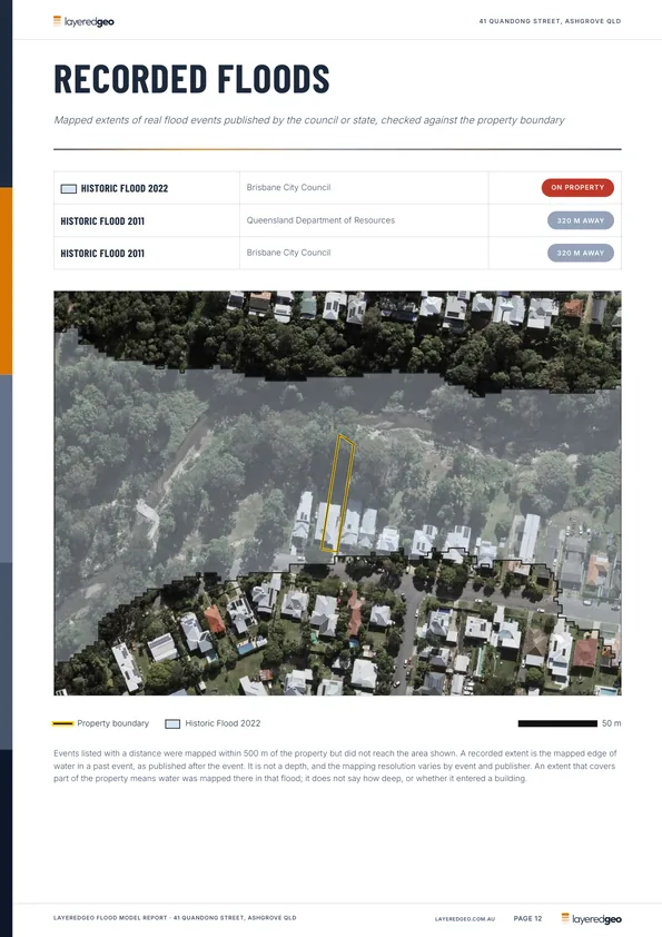 Recorded floods page mapping the extents of real flood events against the boundary