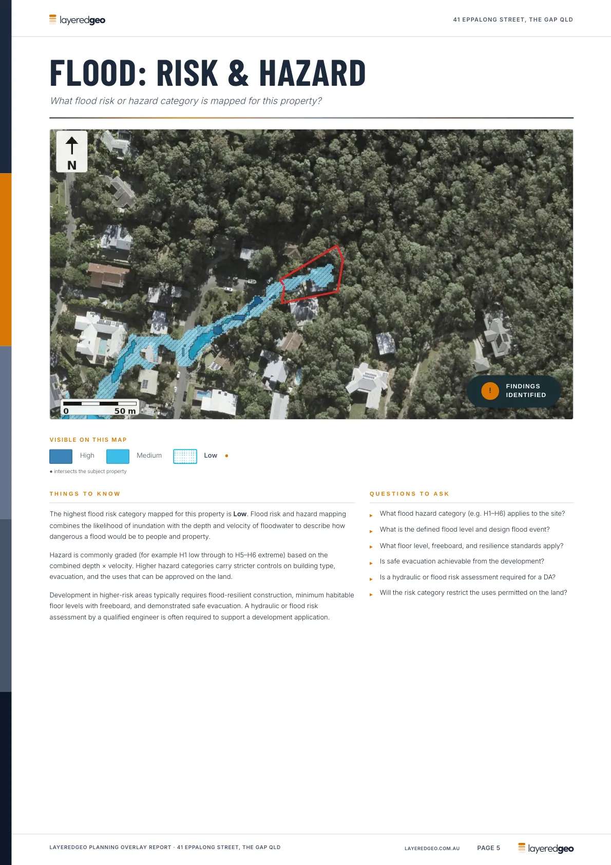Flood risk and hazard page showing a low mapped category