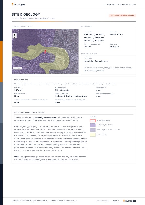 Sample LayeredGeo geotechnical report page showing a regional geology map and site data tables