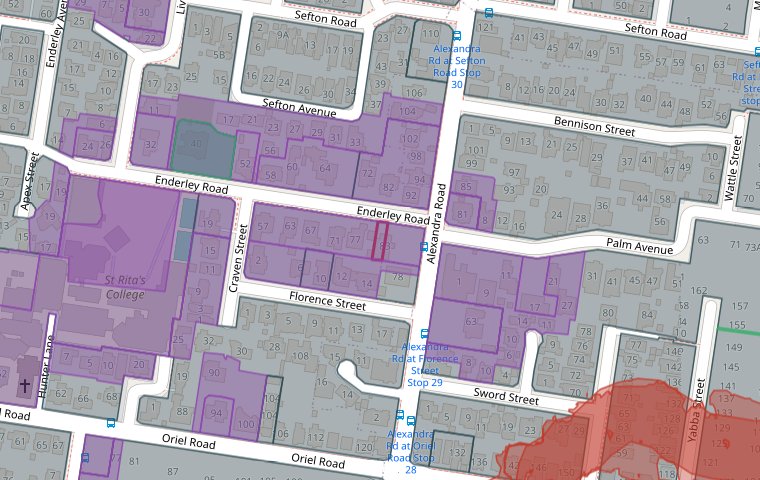 Sample LayeredGeo planning overlay map showing zoning, heritage and flood overlays around a property