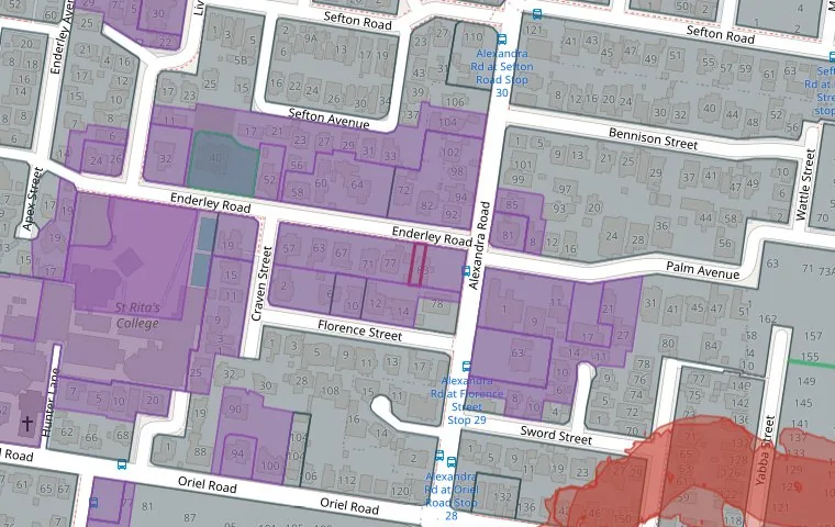 Sample LayeredGeo planning overlay map showing zoning, heritage and flood overlays around a property