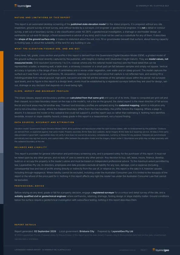 Nature and limitations page stating what the elevation figures mean, the model they came from and what the report is not